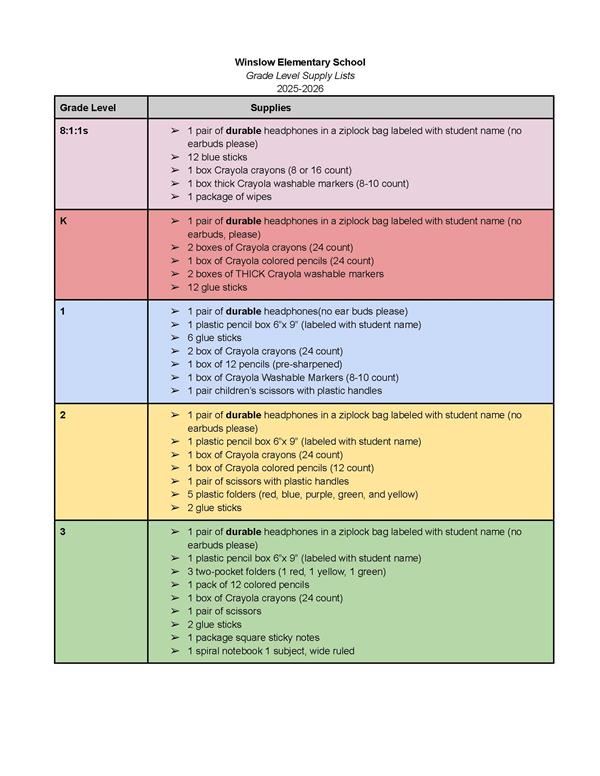  Winslow 2025-2026 Supply Lists